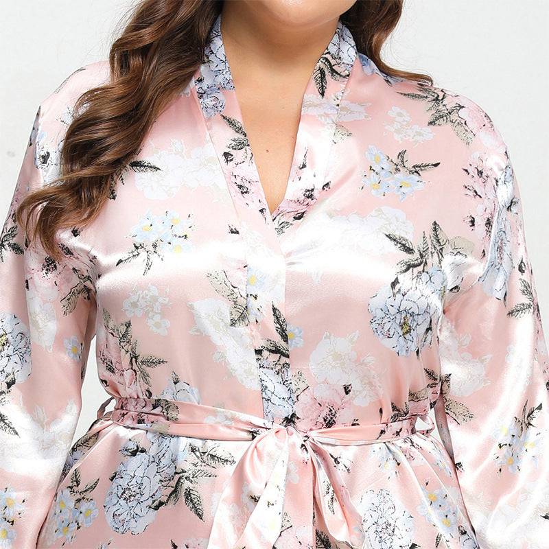 Plus Size Women Artificial Silk Satin Long Sleeved Pajamas Plump Girls Wearable Home - Wild Amber Fashion