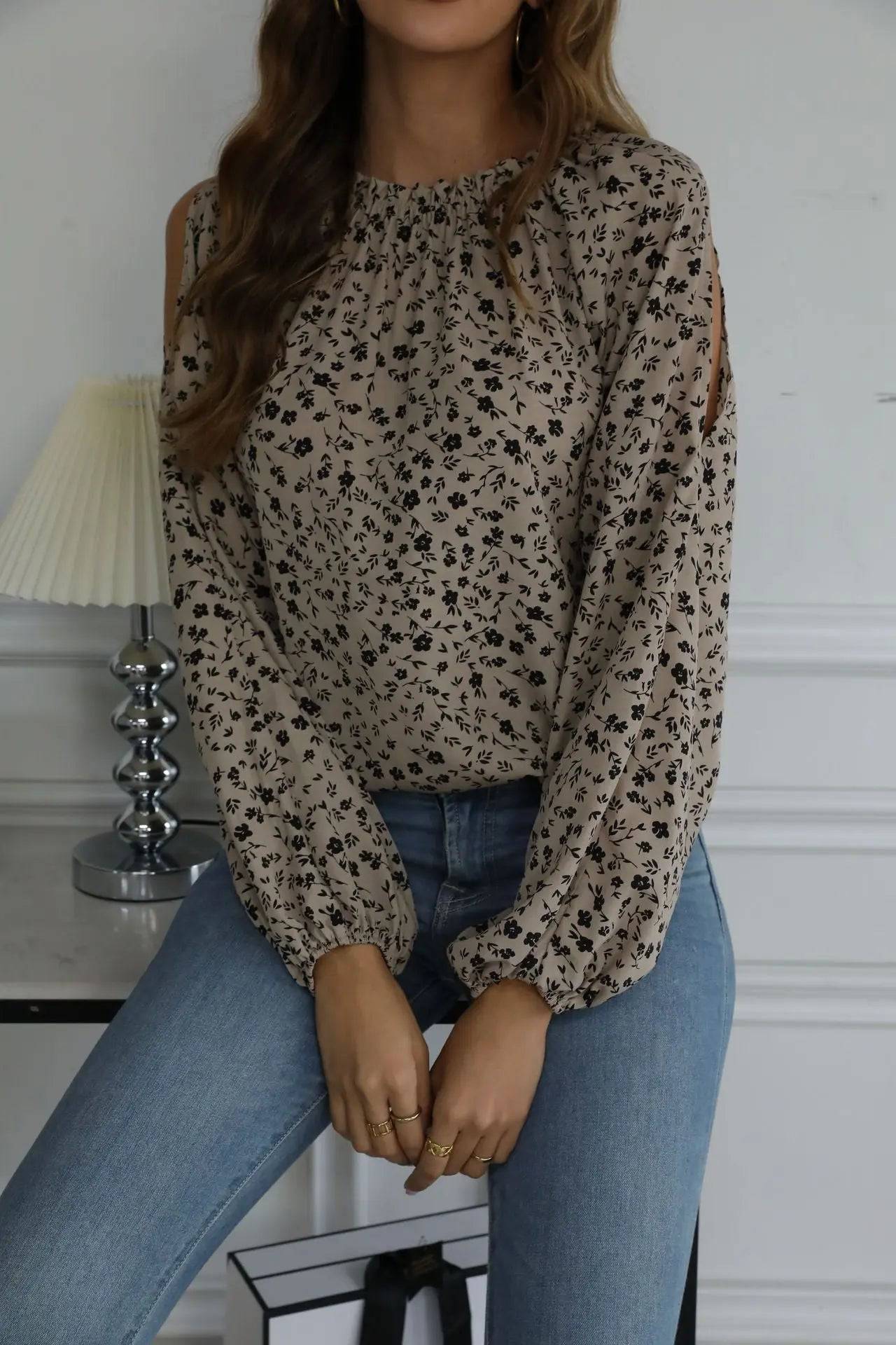 Elegant Small Floral Print Off-Shoulder Top for Women in Autumn  S Dark Brown 