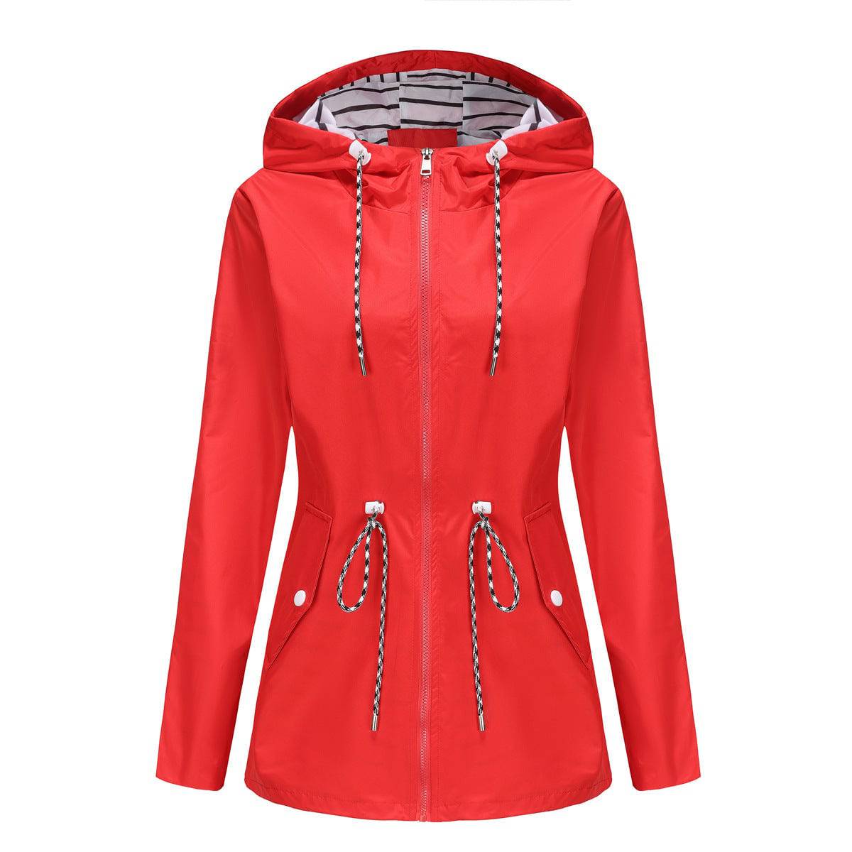 Long Sleeved Waterproof Mid Length Trench Coat Women Hooded Striped Raincoat Women Clothing  S Red 