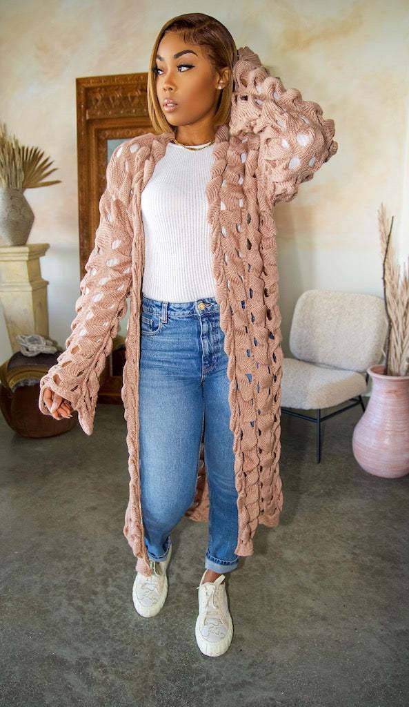 Loose Fit Wool Long Cardigan Sweater with Crochet Cutout Detail  One Size Light Pink-4 