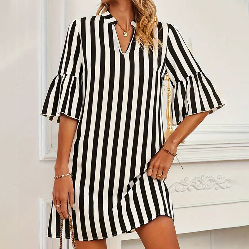 Striped A line Dress Half Sleeve Flared Sleeves Loose Short Dress Spring Summer Women - Wild Amber Fashion