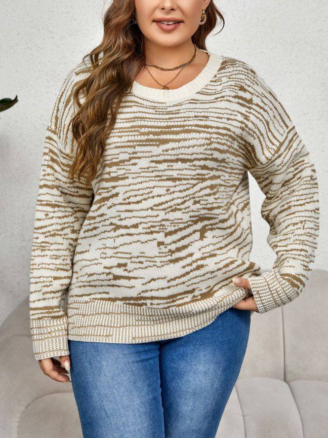 Plus Size Autumn Winter round Neck Striped Thick Pullover Sweater - Wild Amber Fashion