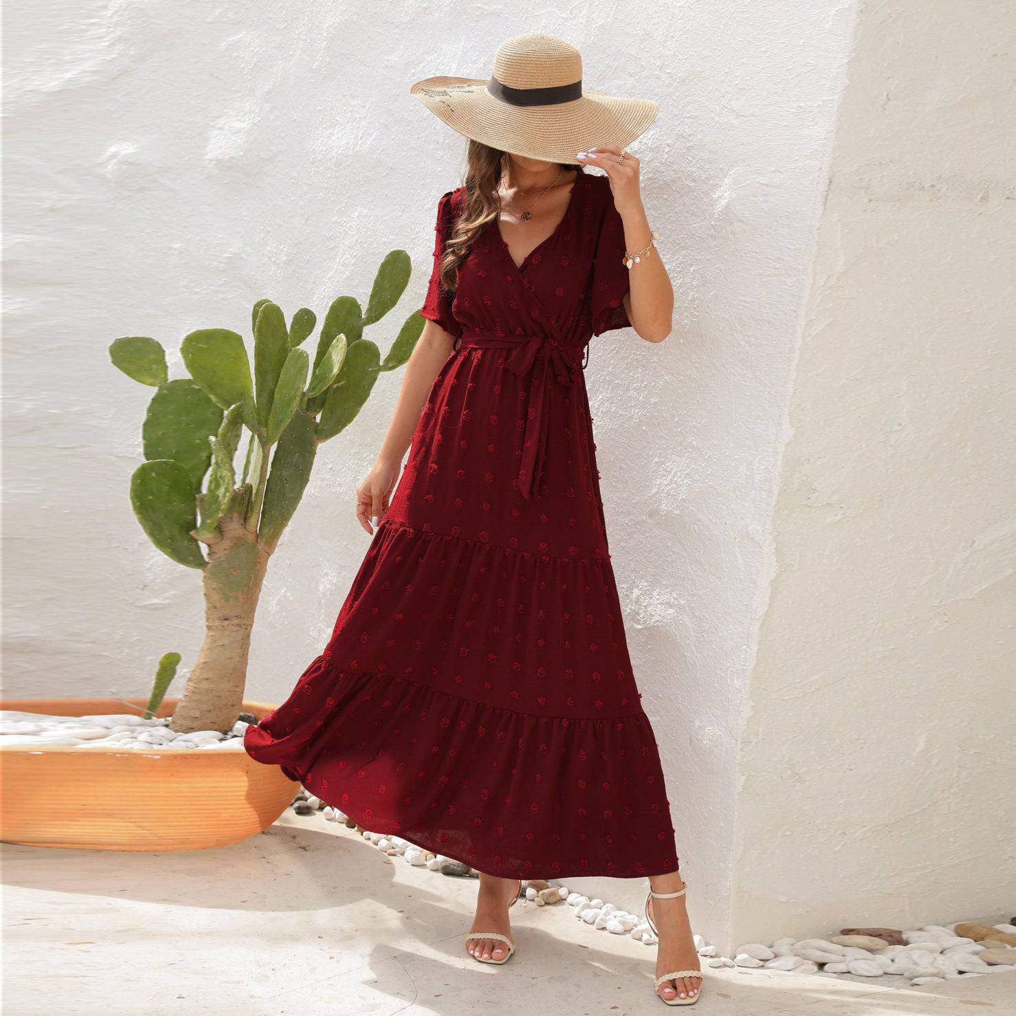 V-Neck Maxi Dress with Belted Waist and Butterfly Sleeves - Perfect for Summer Vacation  S Deep Red 