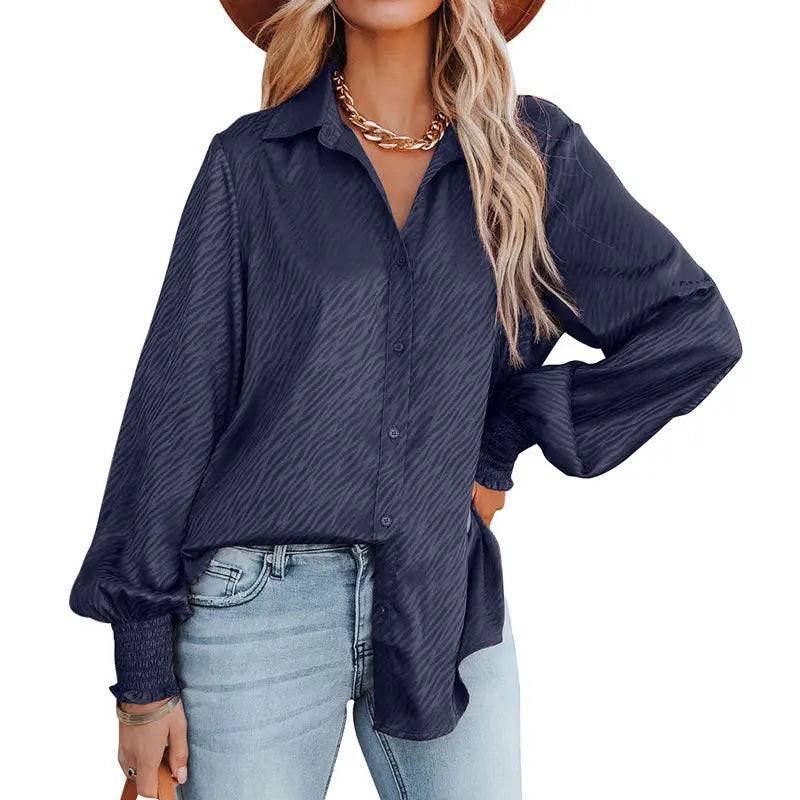 Zebra Pattern Collared Loose Top Lantern Sleeve Shirt for Women  S Navy Blue 