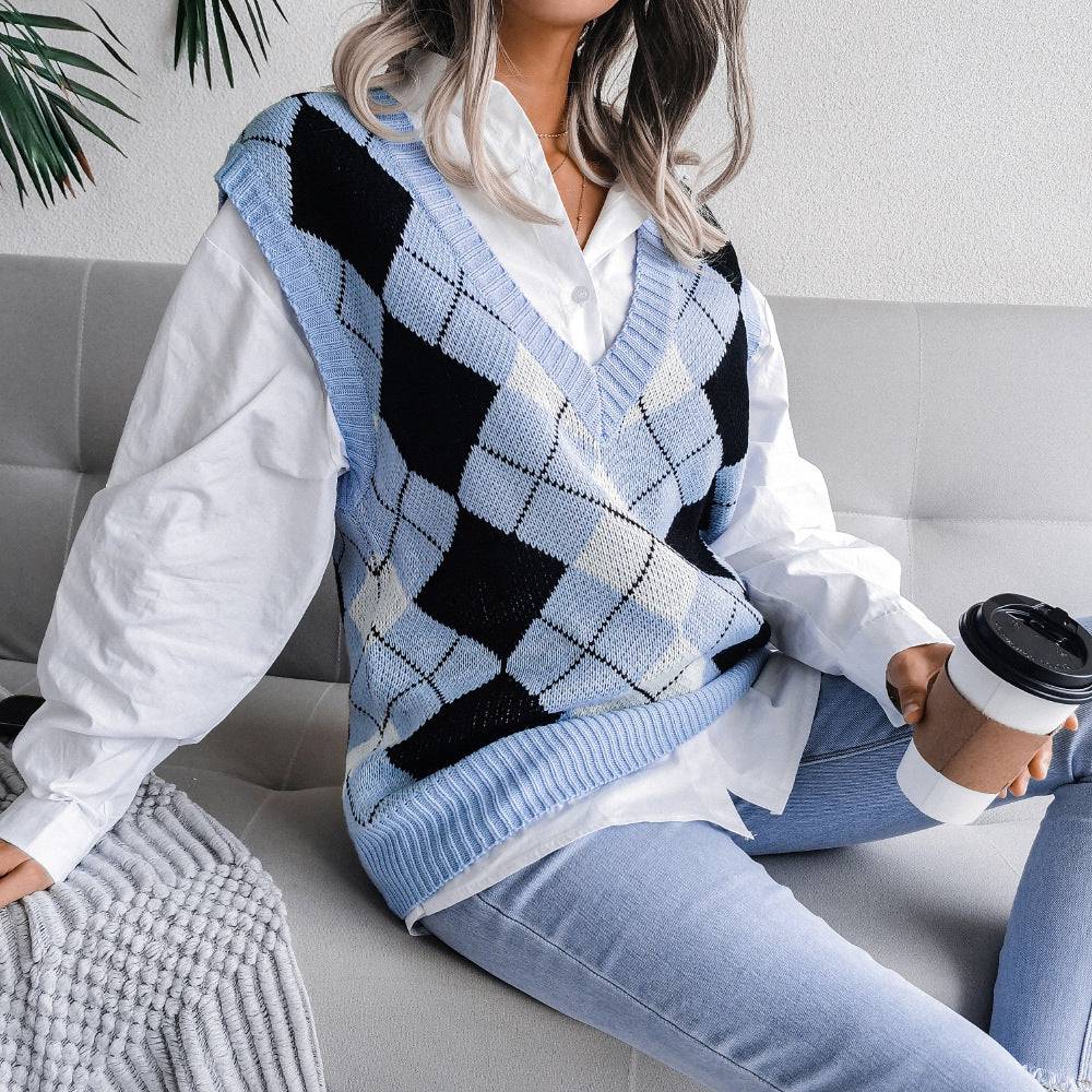 Stylish Rhombus V-Neck Knit Vest Sweater for Women  S College Style Blue 