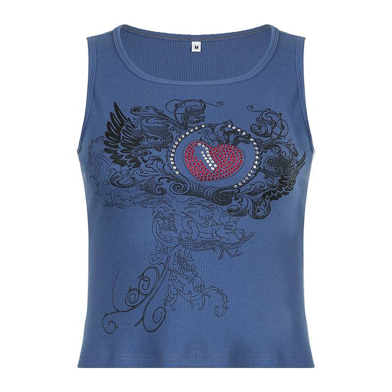 Rhinestone Embellished Sleeveless Vintage Tank Top for Women  S Blue 