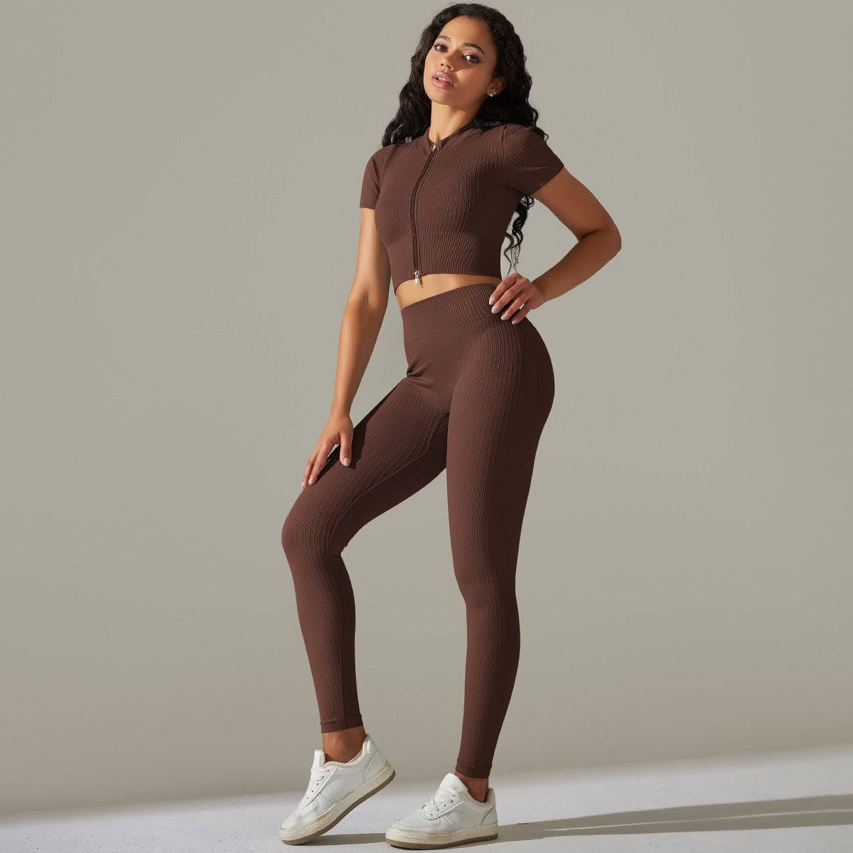 Peach Hip High Waist Seamless Yoga Set  S Brown 