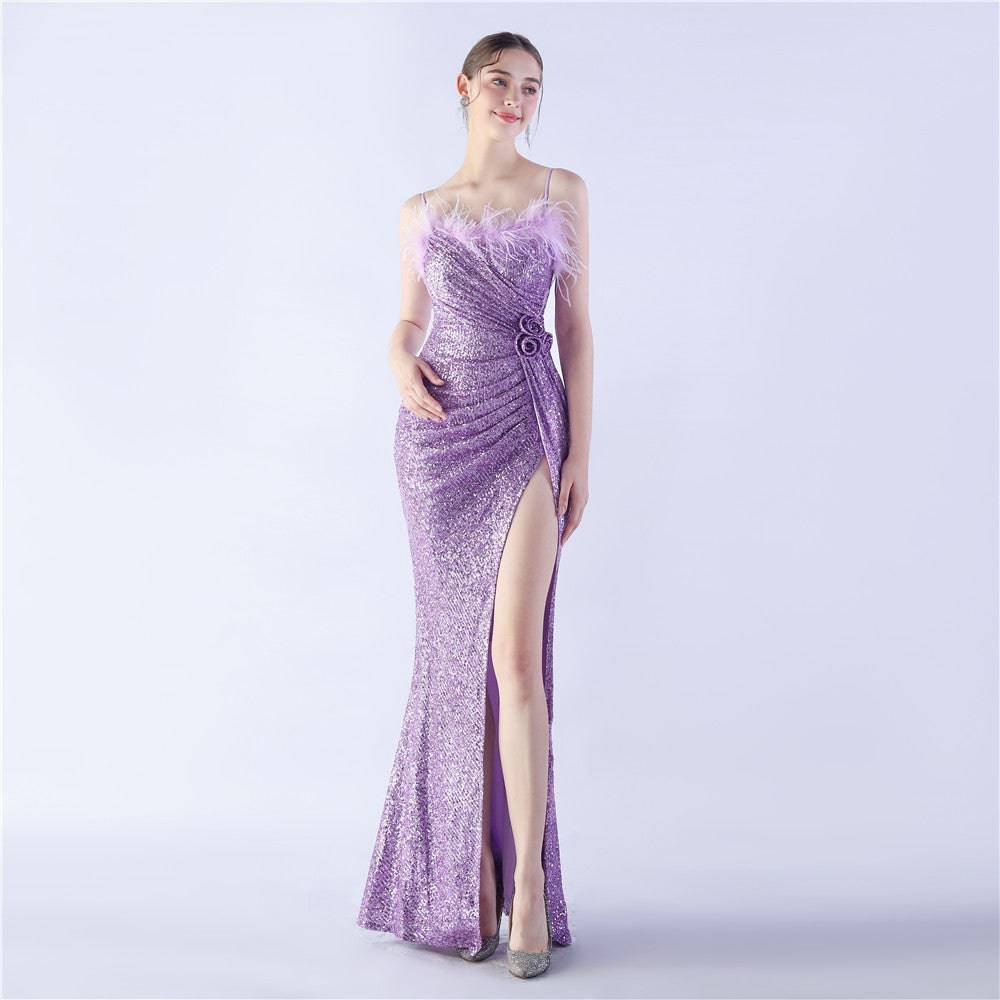 Exquisite Ostrich Feather Decorated Floral Evening Dress  S Purple 