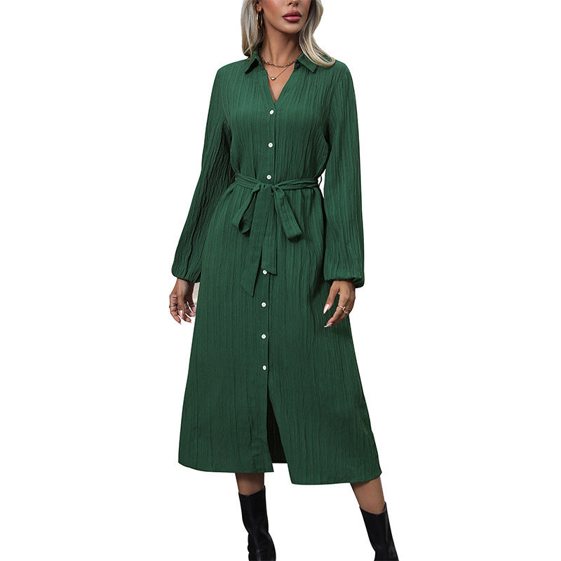 Women Autumn Long Sleeve Pleated Cardigan Dress Office Collared Shirt Dress - Wild Amber Fashion