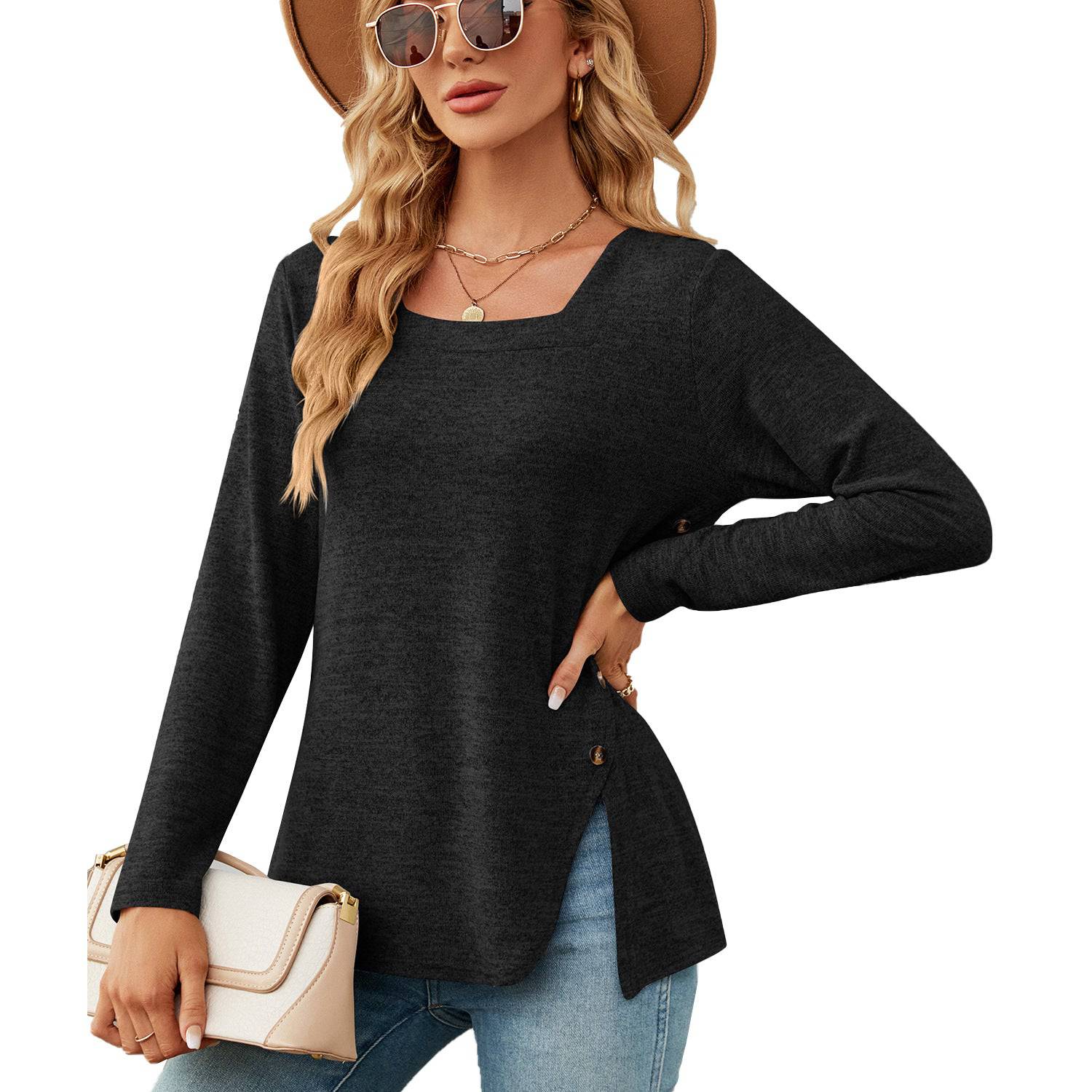 Elegant Square Collar Long Sleeve T-shirt for Women  S Black 