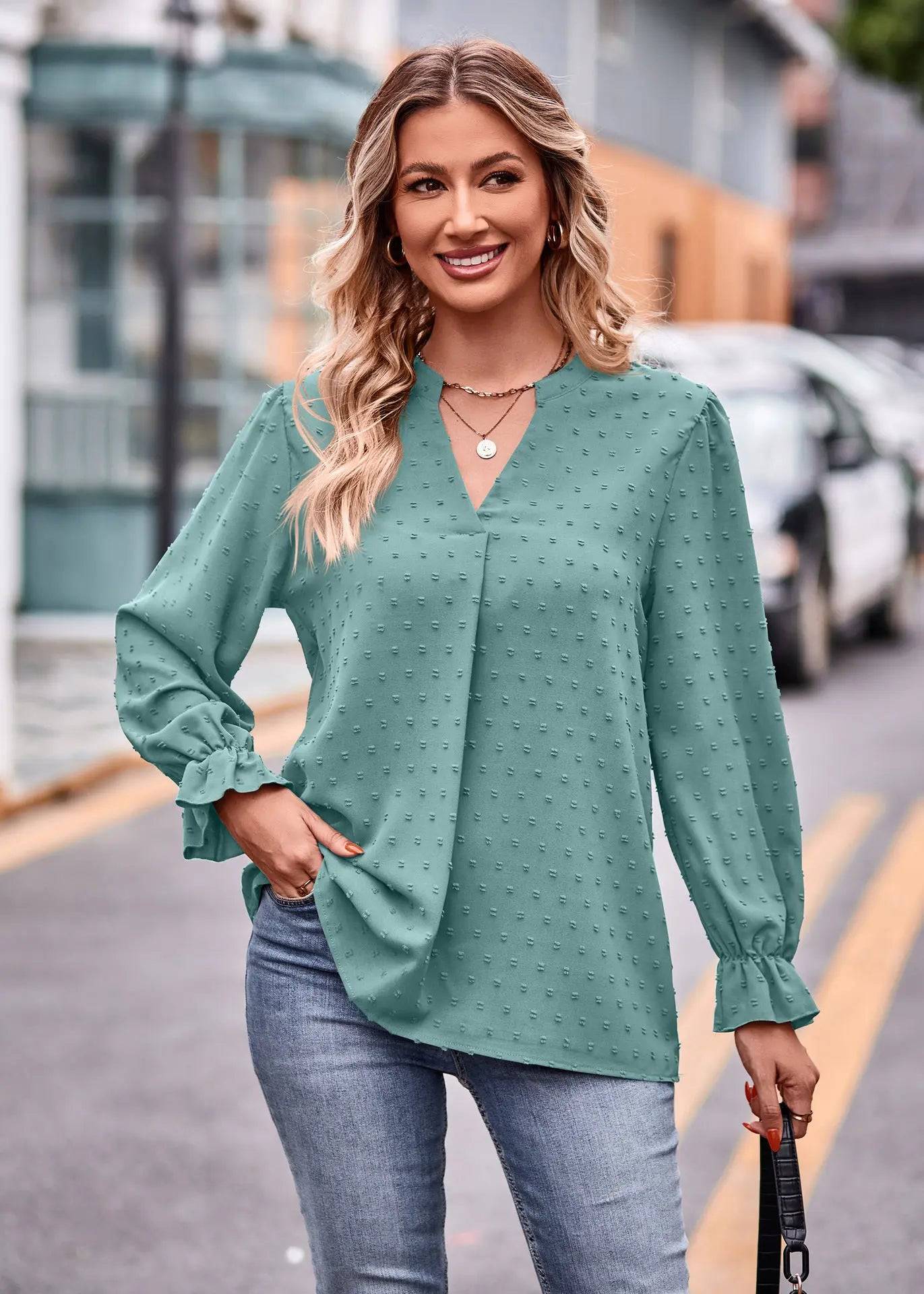 Stylish Fall Jacquard T-Shirt with V-Neck and Long Sleeves  S Lake Green 