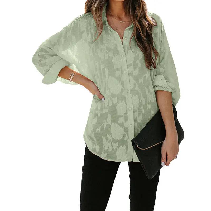 Women's Loose Fit Long Sleeve Button-Up Shirt in Solid Color  S Green 