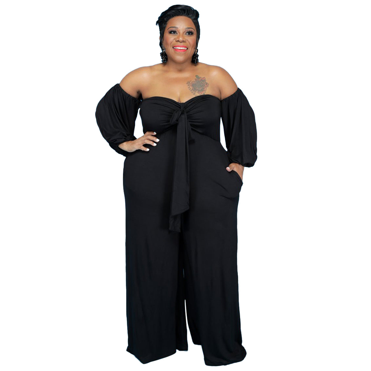 Plus Size Sexy Tube Top Solid Color Jumpsuit Wide Leg Pants - Wild Amber Fashion