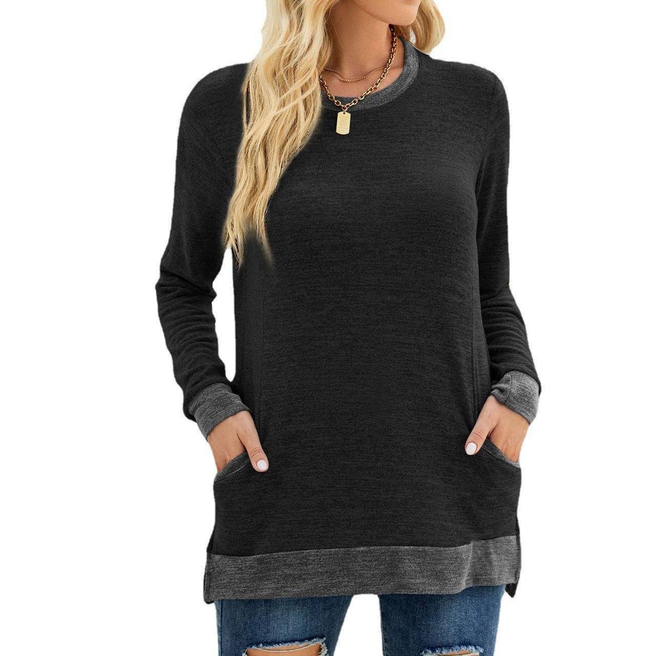 Multicolor Long Sleeve Pullover Top with Pocket  S Black 