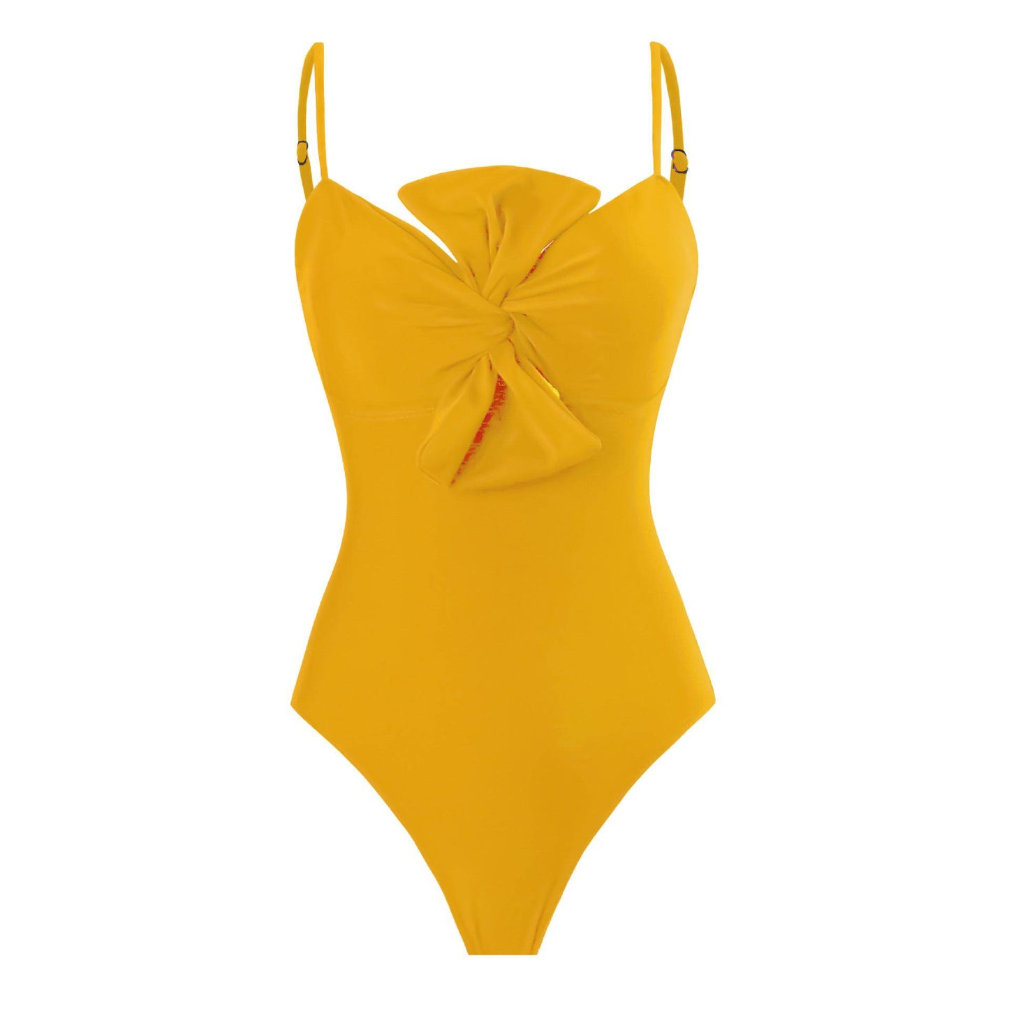 French Retro Bow Design One-Piece Swimsuit for Women  S Yellow Swimsuit 