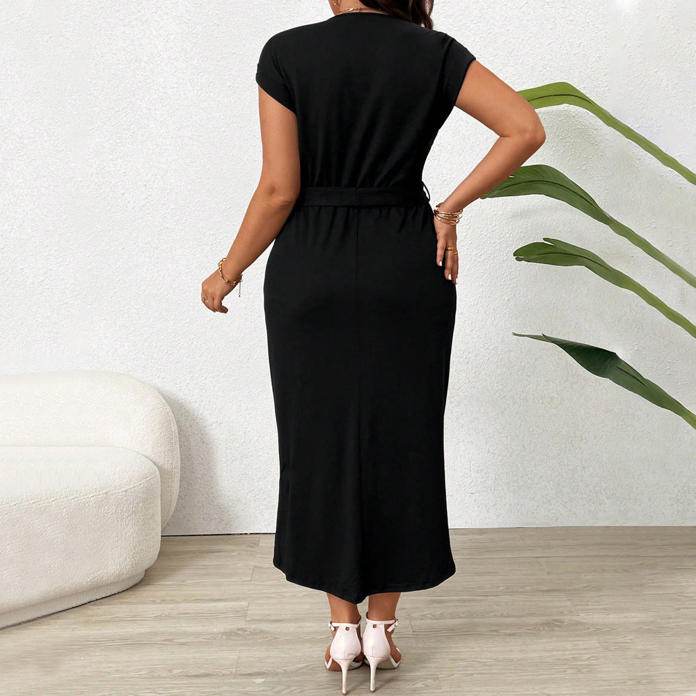 Plus Size Women Round Neck Short Sleeve Dress Summer Elegant High Grade Mid Dress Women - Wild Amber Fashion