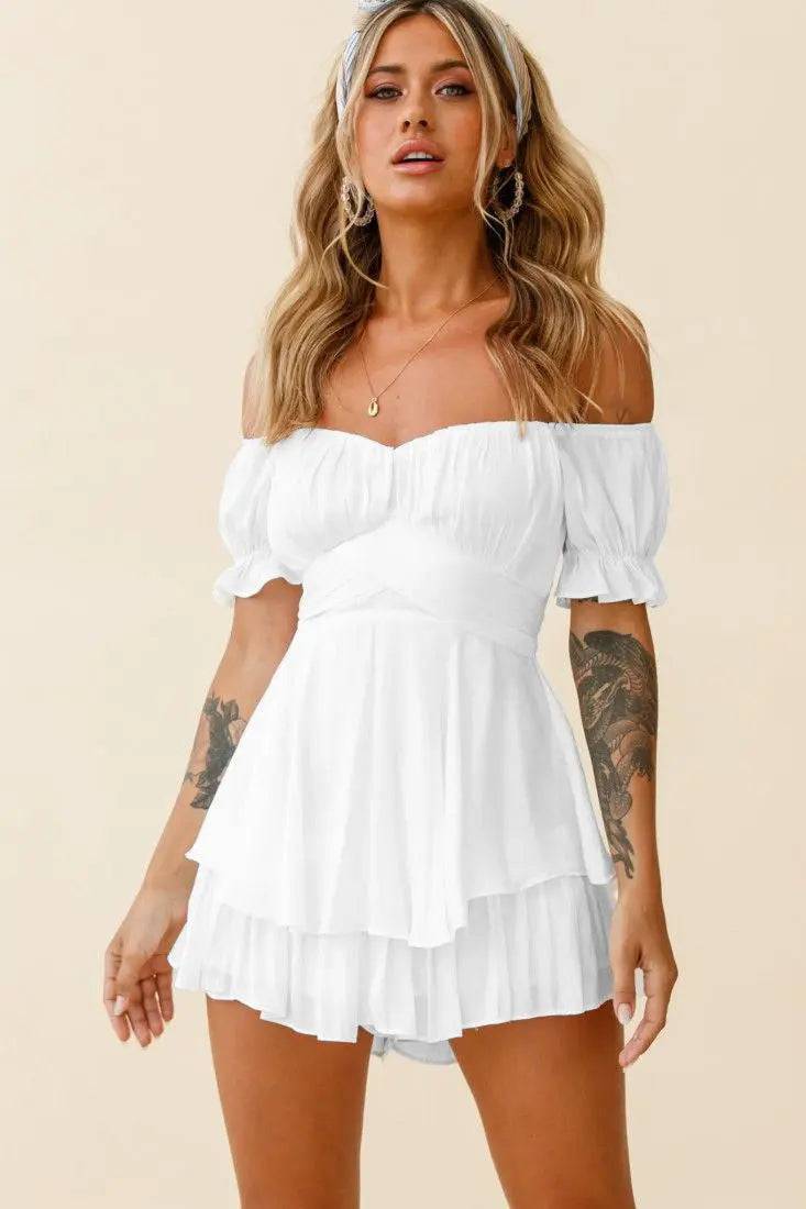 Elegant Off-Shoulder Short Romper with Puff Sleeves for Summer Women's Clothing  S Multi-2 