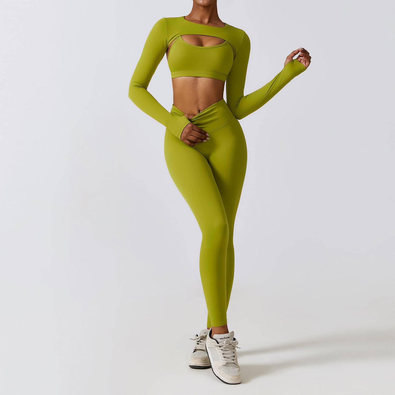 Elevate Your Active Style Three Piece Yoga Set  S Bra Waistcoat Trousers Matcha Green 