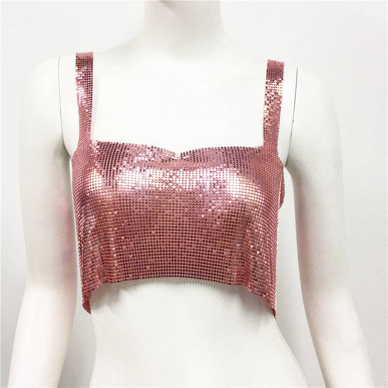 Seductive Metal Sequin Crop Top for Glamorous Nights Out  One Size Gold-1 