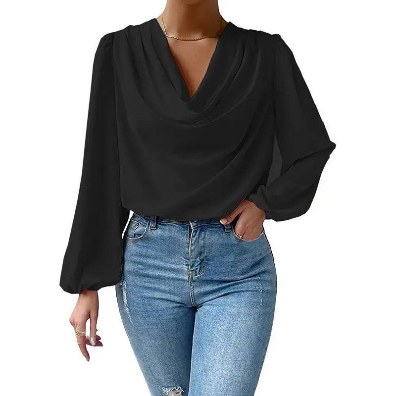 Long Sleeved Shirt Loose Draped V neck Top T shirt Women Clothing  S Black 