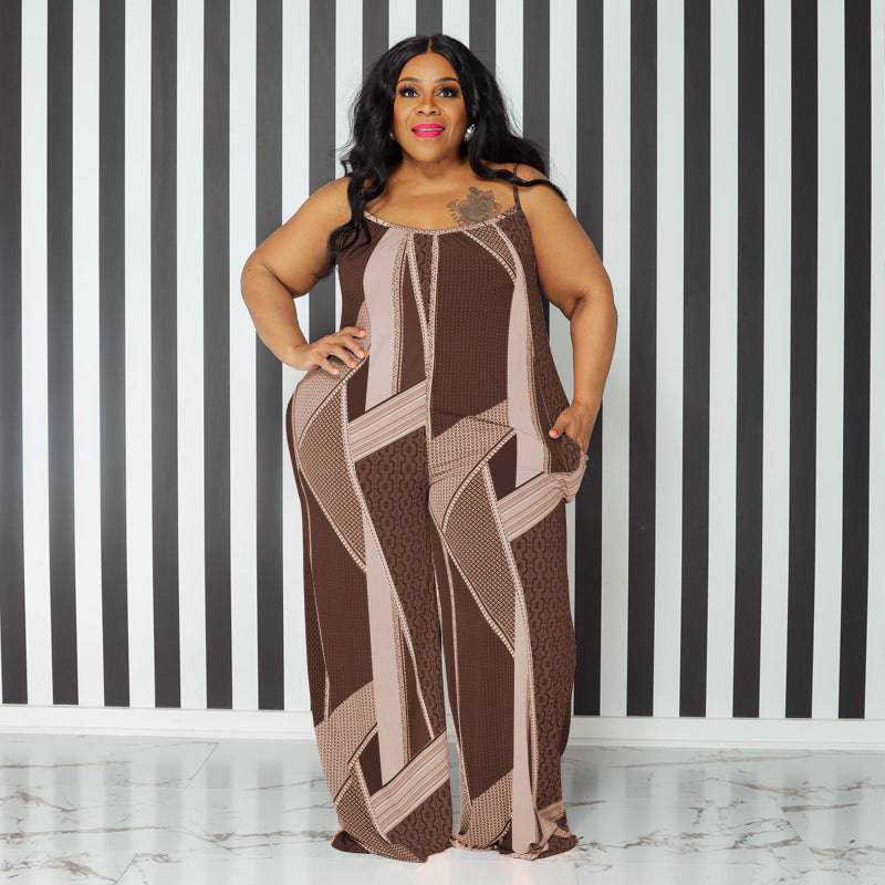 Plus Size Suspender Printed Loose Casual Women Clothing One-Piece Trousers - Wild Amber Fashion