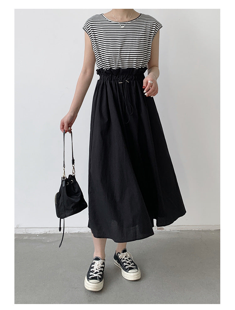 Summer Women Clothing Dress Cotton Stitching Bud Large Swing Dress Loose Waist Contrast Colors False Two Piece - Wild Amber Fashion