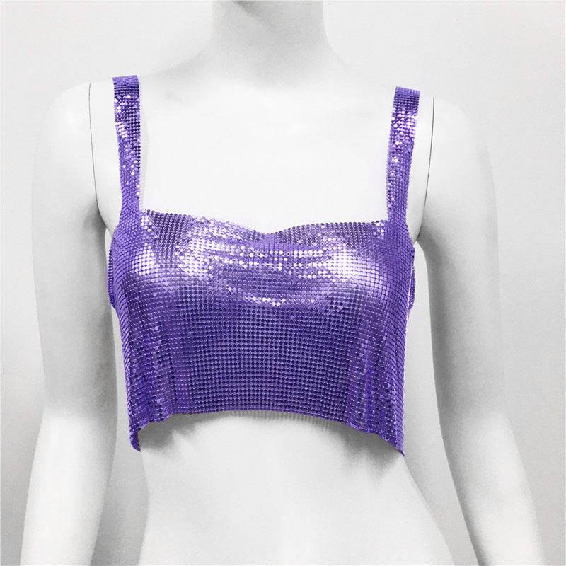 Seductive Metal Sequin Crop Top for Glamorous Nights Out  One Size Purple 