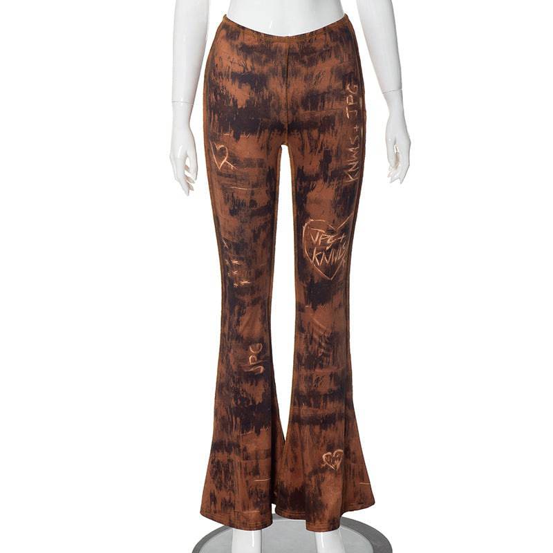 Letters Printed Mid Waist Cropped Exposed Casual Micro Elastic Trousers Women Spring Autumn  S Brown 