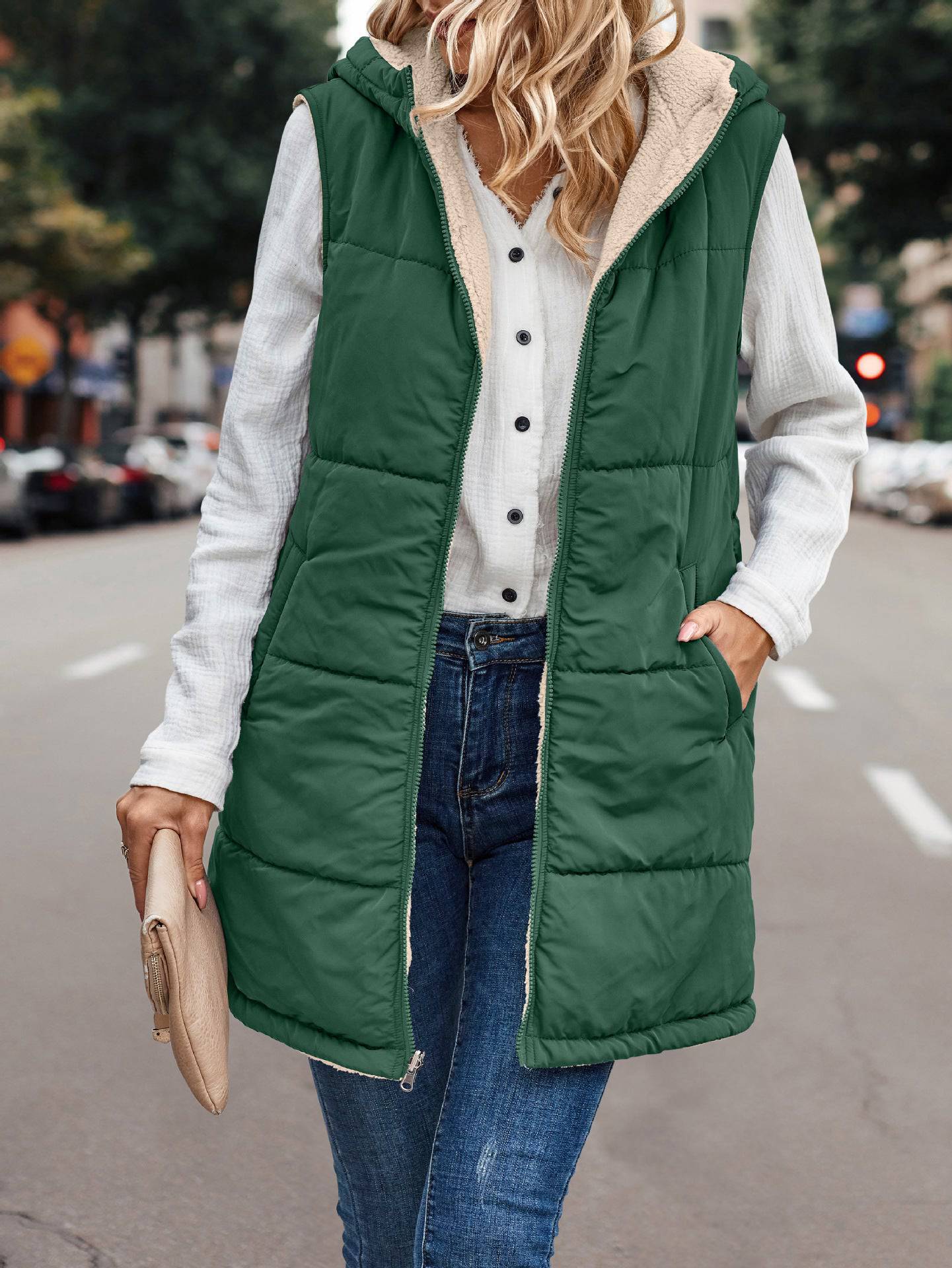 Simple Stitching Plush Double Sided Women's Hooded Vest with Zipper  S blackish green 