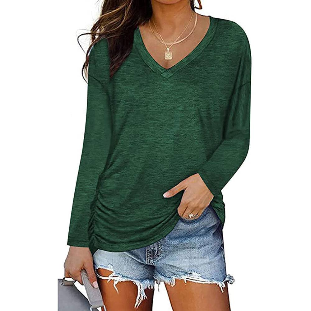 Elegant V-Neck Long-Sleeved T-Shirt with Pleating  S blackish green 