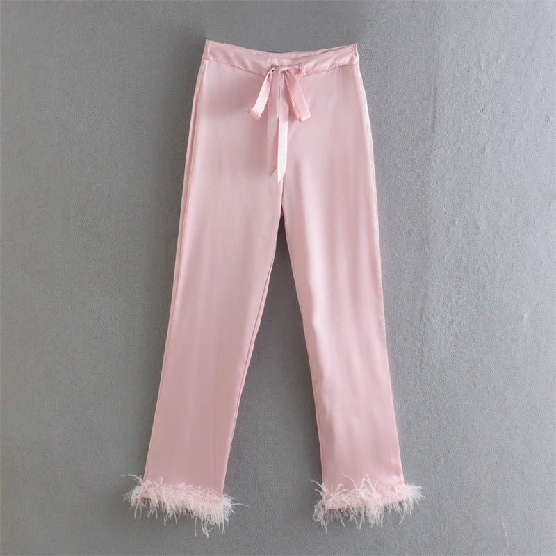 Women's Lace-Up Feather Decoration Casual Straight Pants & Top  S Pink 