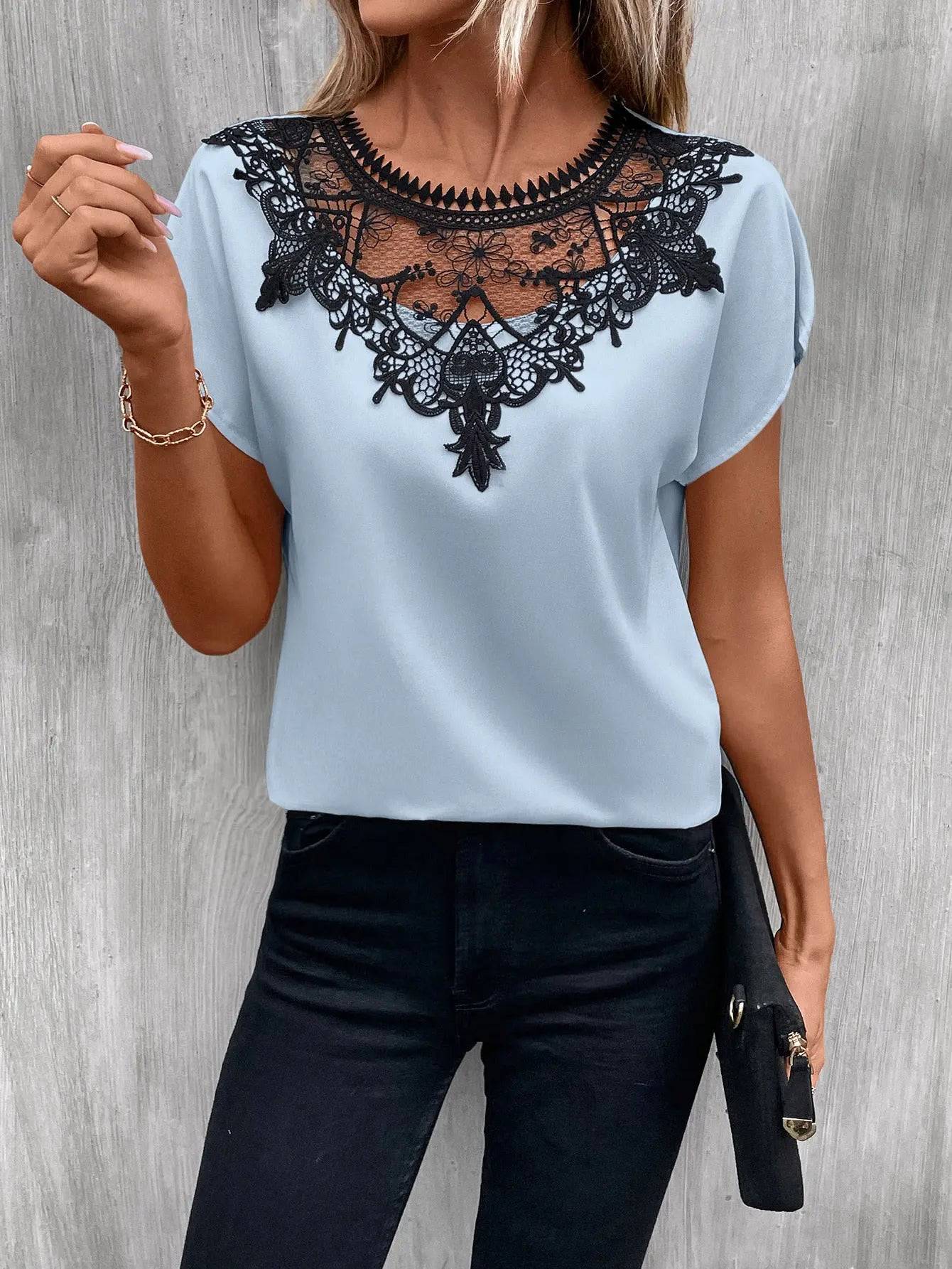 Colorful Lace Patchwork Round Neck Summer Top for Women  S Light Blue 