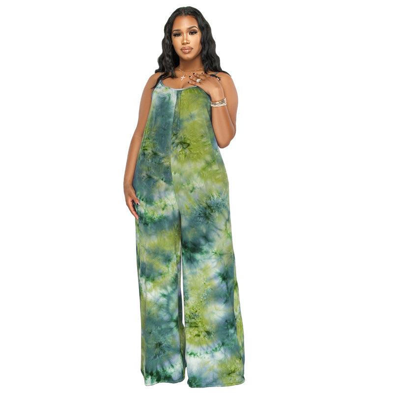 Plus Size New Tie-Dyed Printed Sling Casual Pants Straight Stylish Loose Jumpsuit - Wild Amber Fashion