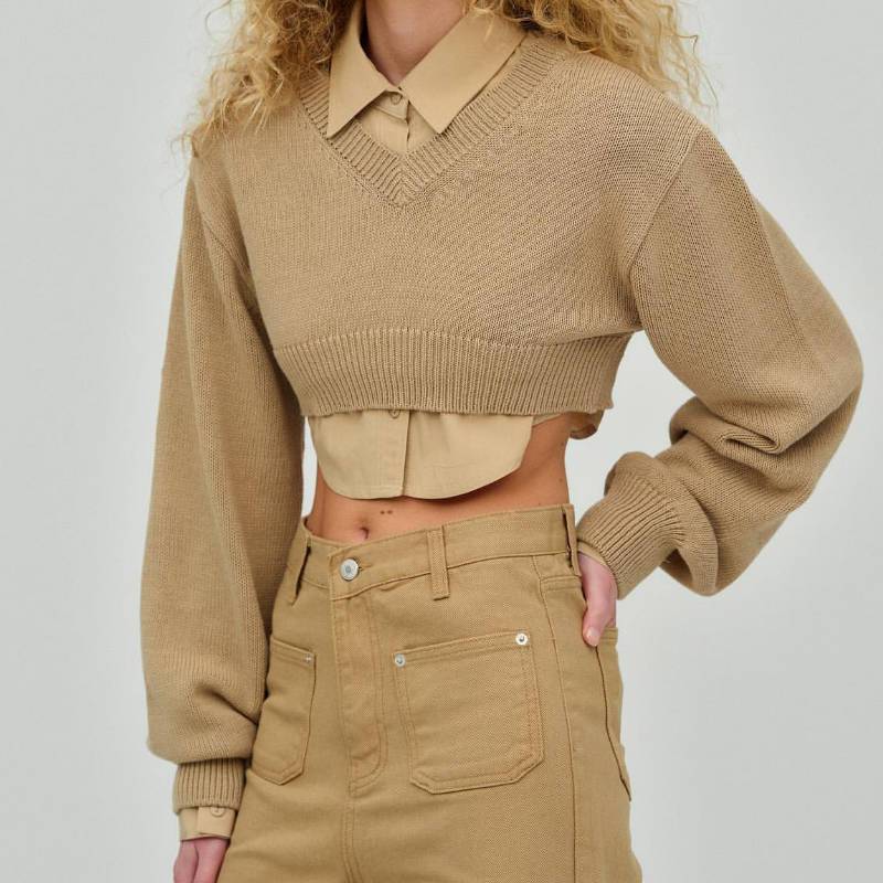 Sexy V-Neck Cropped Long Sleeve Top in Ultra Short Knitted Bandage Dress Style  S Khaki 