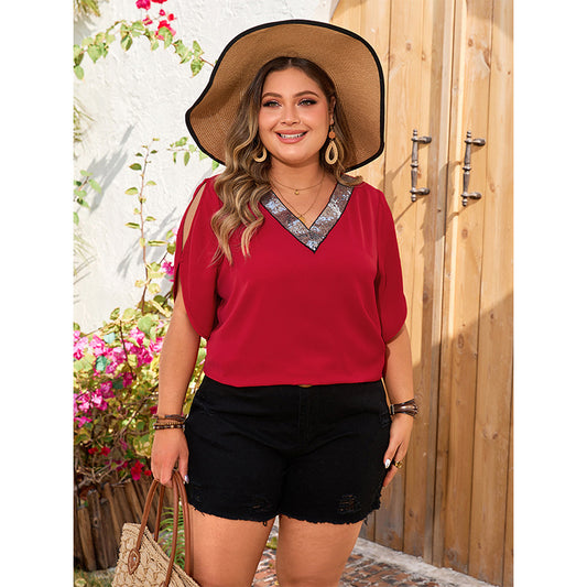 Plus Size Shirt Summer V neck Red Short Sleeve Top Loose Short Sleeve Shirt - Wild Amber Fashion