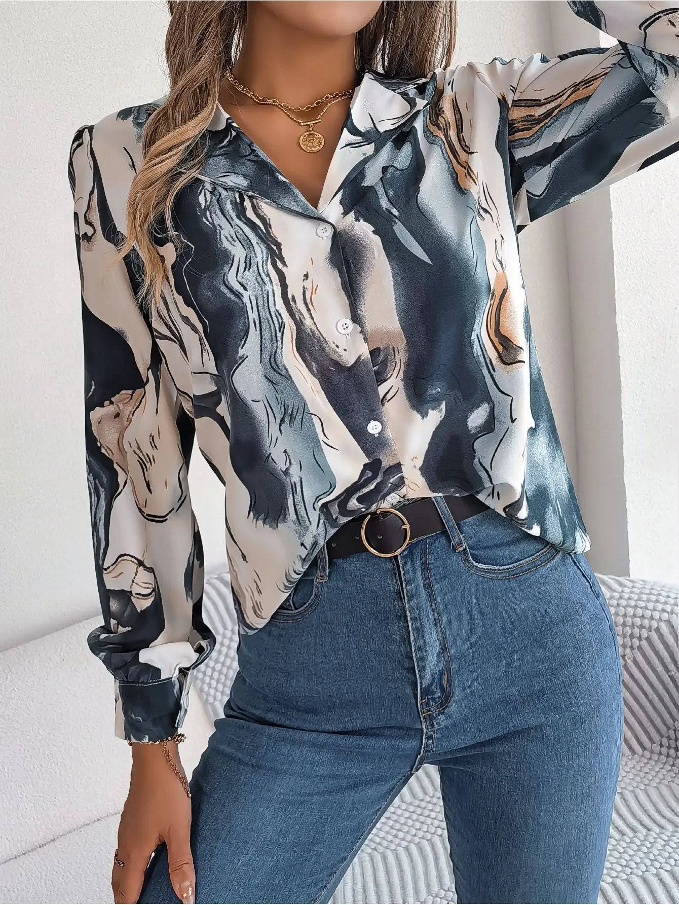 Casual Striped Collar Long Sleeve Shirt for Women  S Blue 