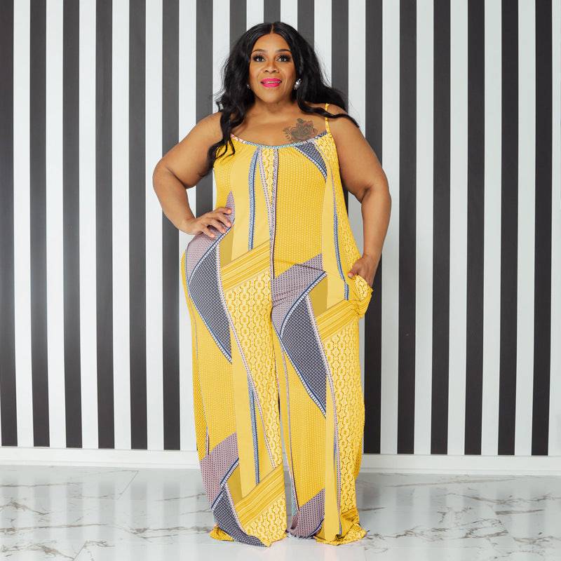 Plus Size Suspender Printed Loose Casual Women Clothing One-Piece Trousers - Wild Amber Fashion