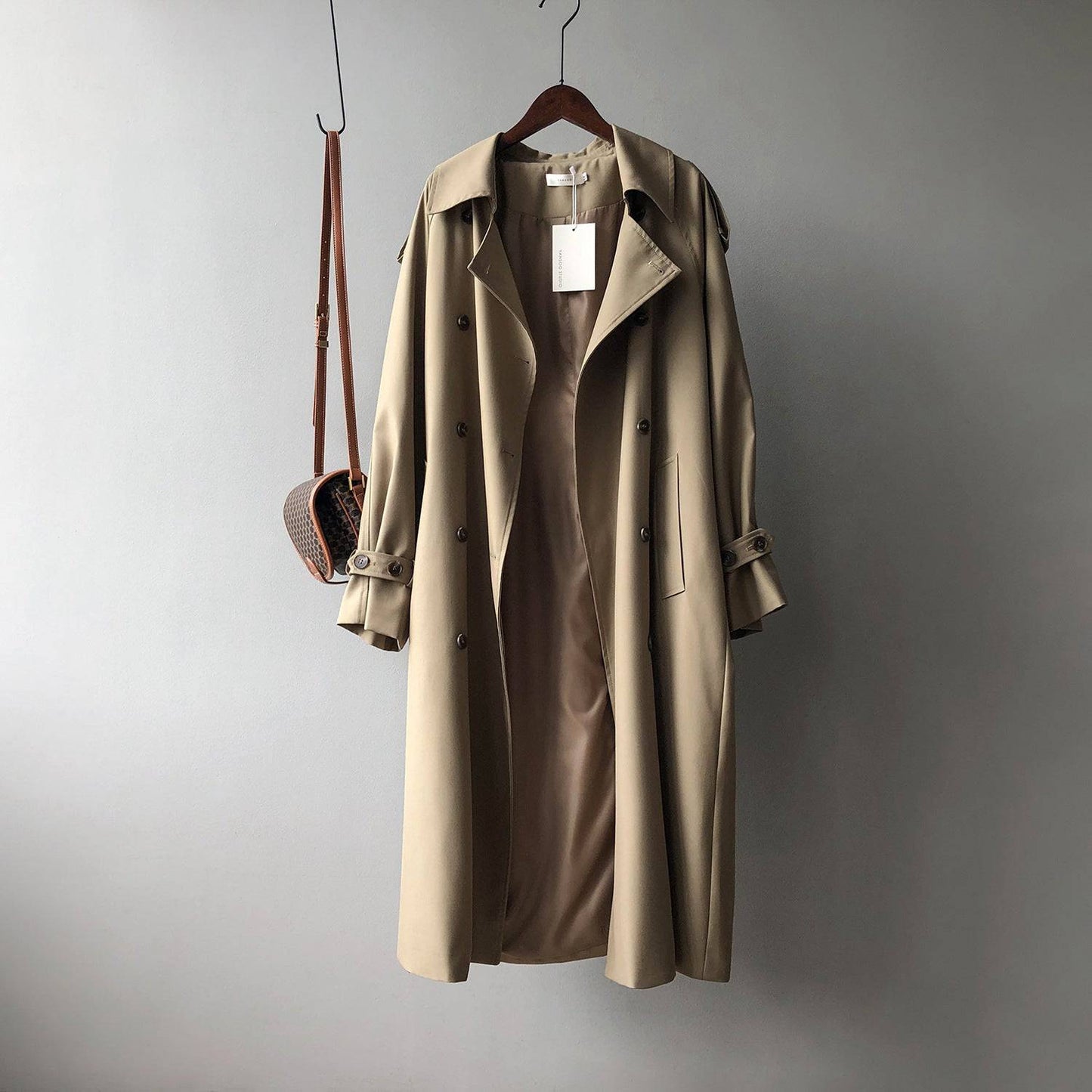 Long Trench Coat for Women Autumn Korean Elegant Loose Waist Tight Slimming Casual Coat for Women  M Khaki 