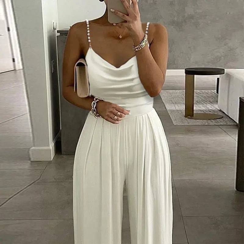 Pearl Chain Backless Wide Leg Jumpsuit  S White 