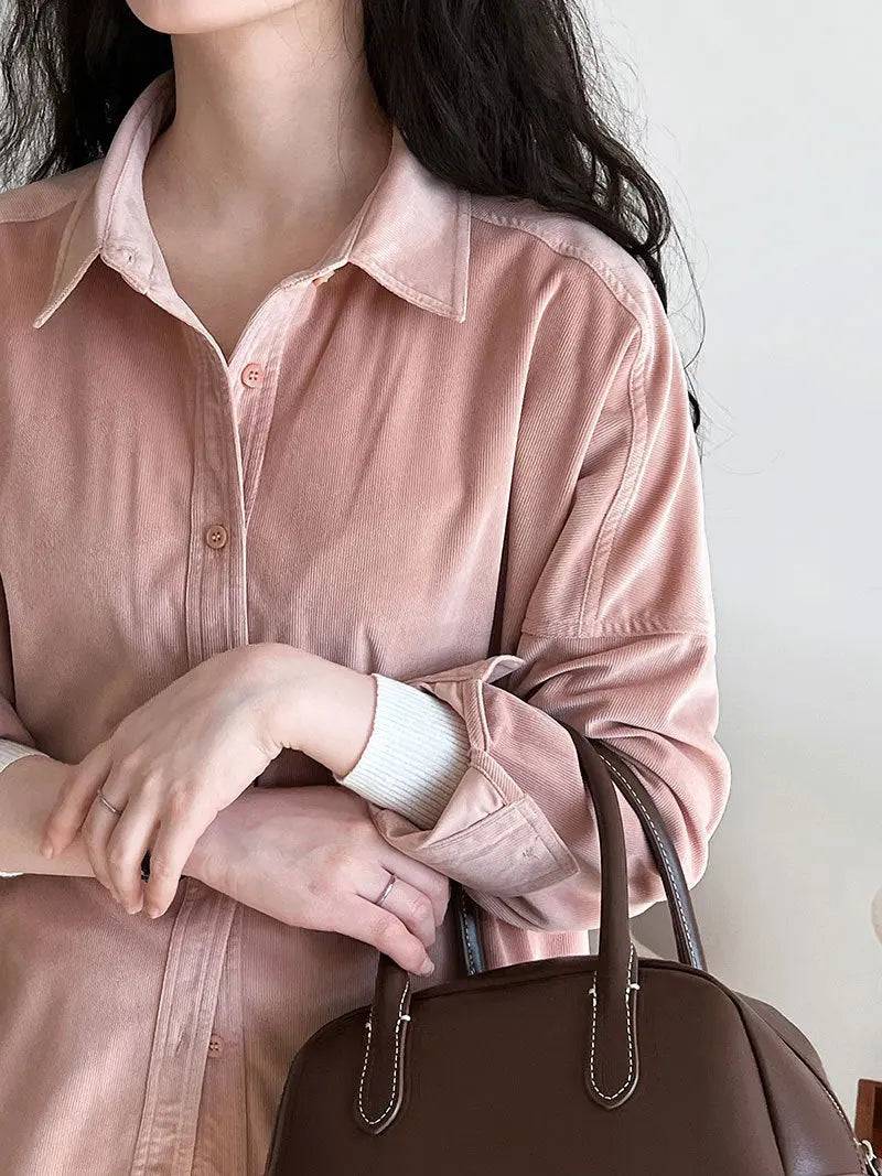 Japanese Minimalist Thickened Sanded Fabric Corduroy Shirt Women Fall Winter Inner Wear Bottoming Bandage Dress Shirt  M Light Pink Color 