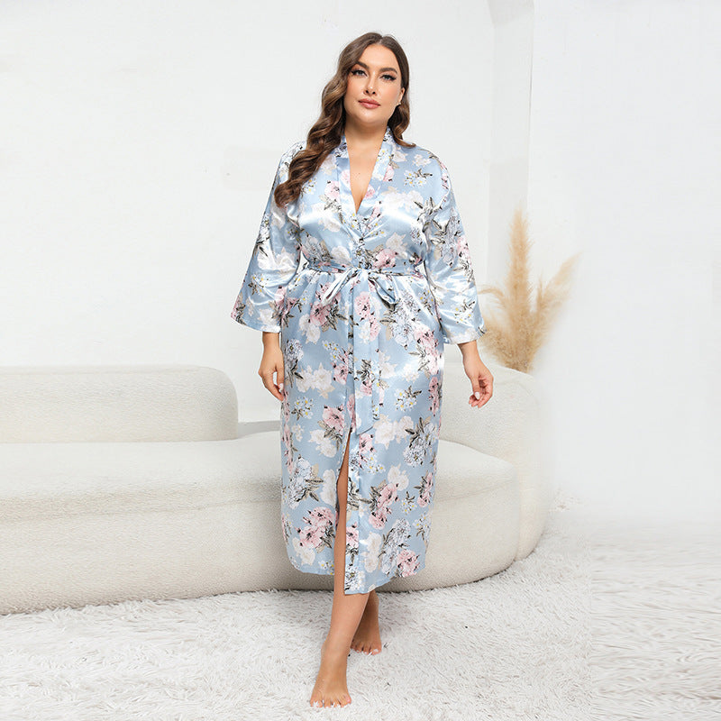 Plus Size Women Artificial Silk Satin Long Sleeved Pajamas Plump Girls Wearable Home - Wild Amber Fashion