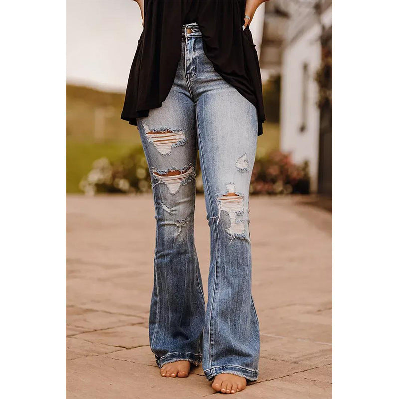 Street Denim Bootcut Trousers Ripped Washed Trousers Women Denim