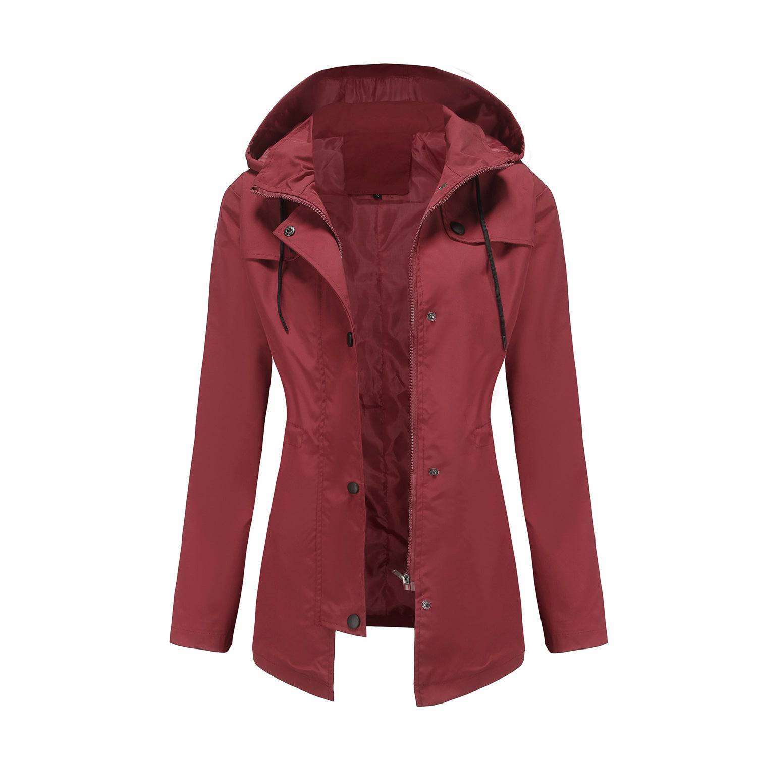 Mid-Length Hooded Nylon Windbreaker Raincoat for Women  S Burgundy 