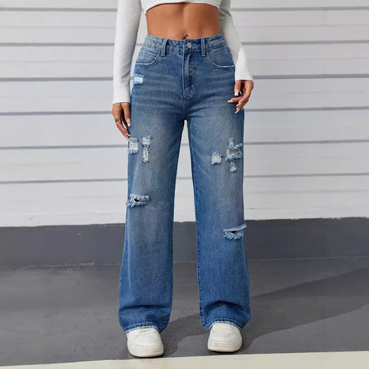 Light Blue Contrast Color High Waist Straight Ripped Jeans Women Loose Wide Leg Spring Hip Lifting Design Mop