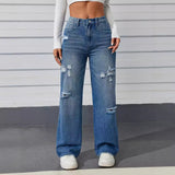 Light Blue Contrast Color High Waist Straight Ripped Jeans Women Loose Wide Leg Spring Hip Lifting Design Mop