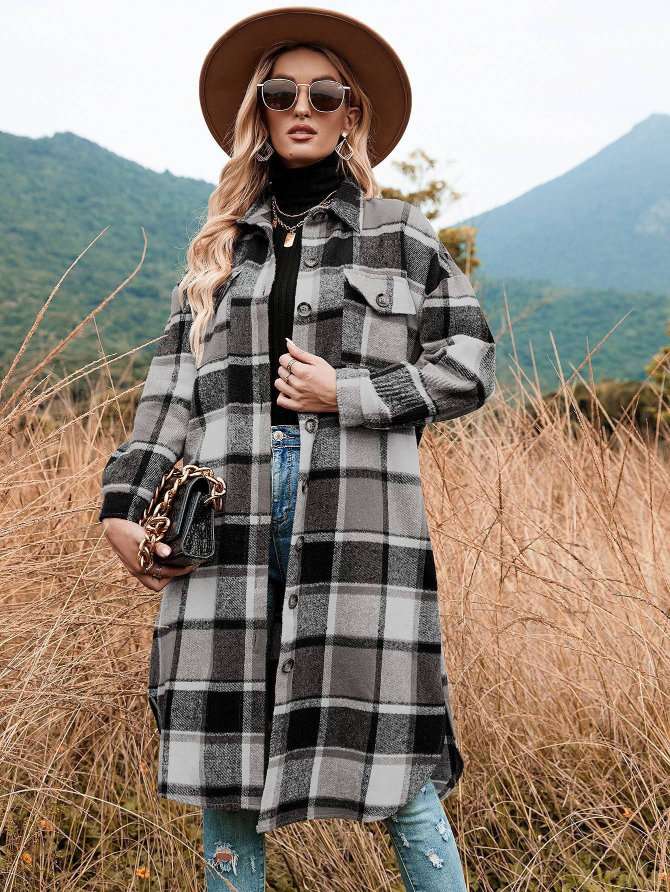 Women's Classic Check Plaid Trench Coat for Autumn and Winter  S Gray 