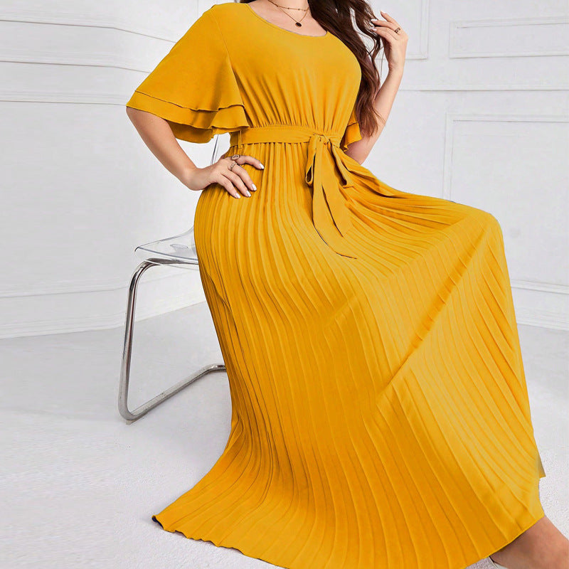 Plus Size Summer Square Collar Large Swing Dress Elegant Short Sleeve Lace up Slimming Pleated Dress - Wild Amber Fashion