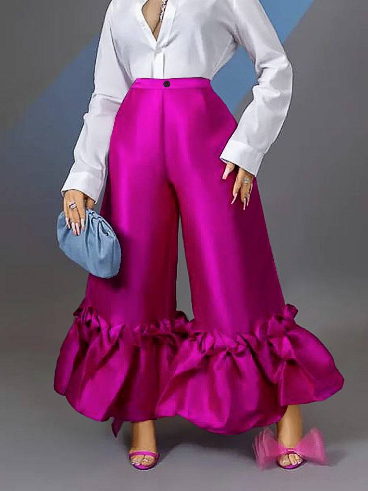 Flared Ruffle High Waist Wide Leg Pants  S Coral Red 