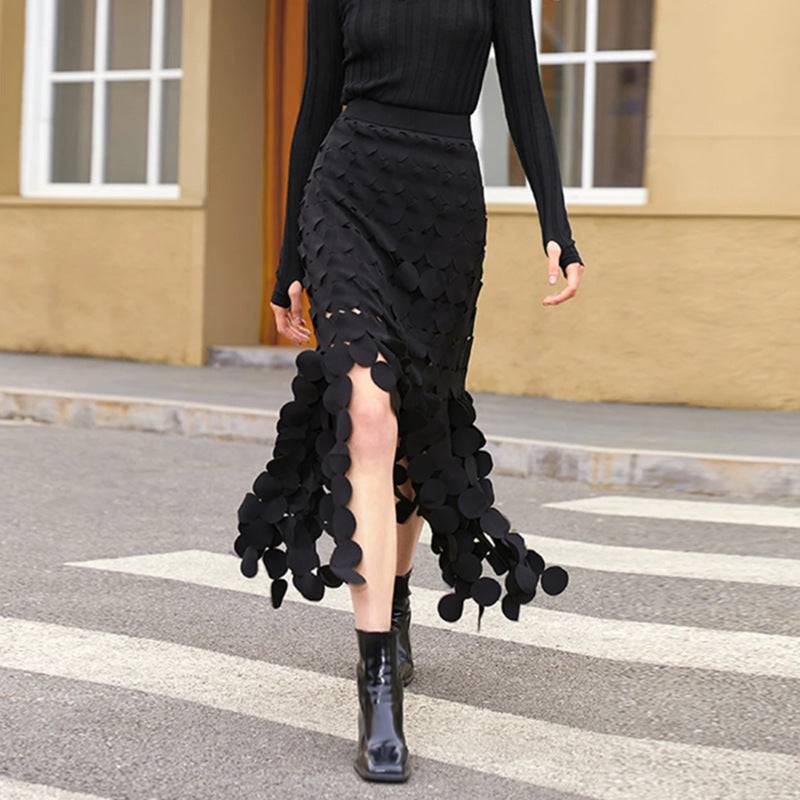 Elegant Fringed Midi Skirt for Summer  S Black 