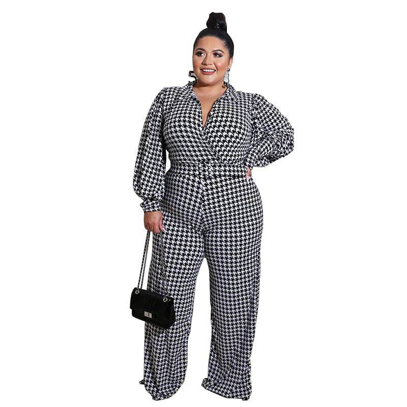 Spring Bubble Sleeve Printed Jumpsuit for Plus Size Women  S Black White 